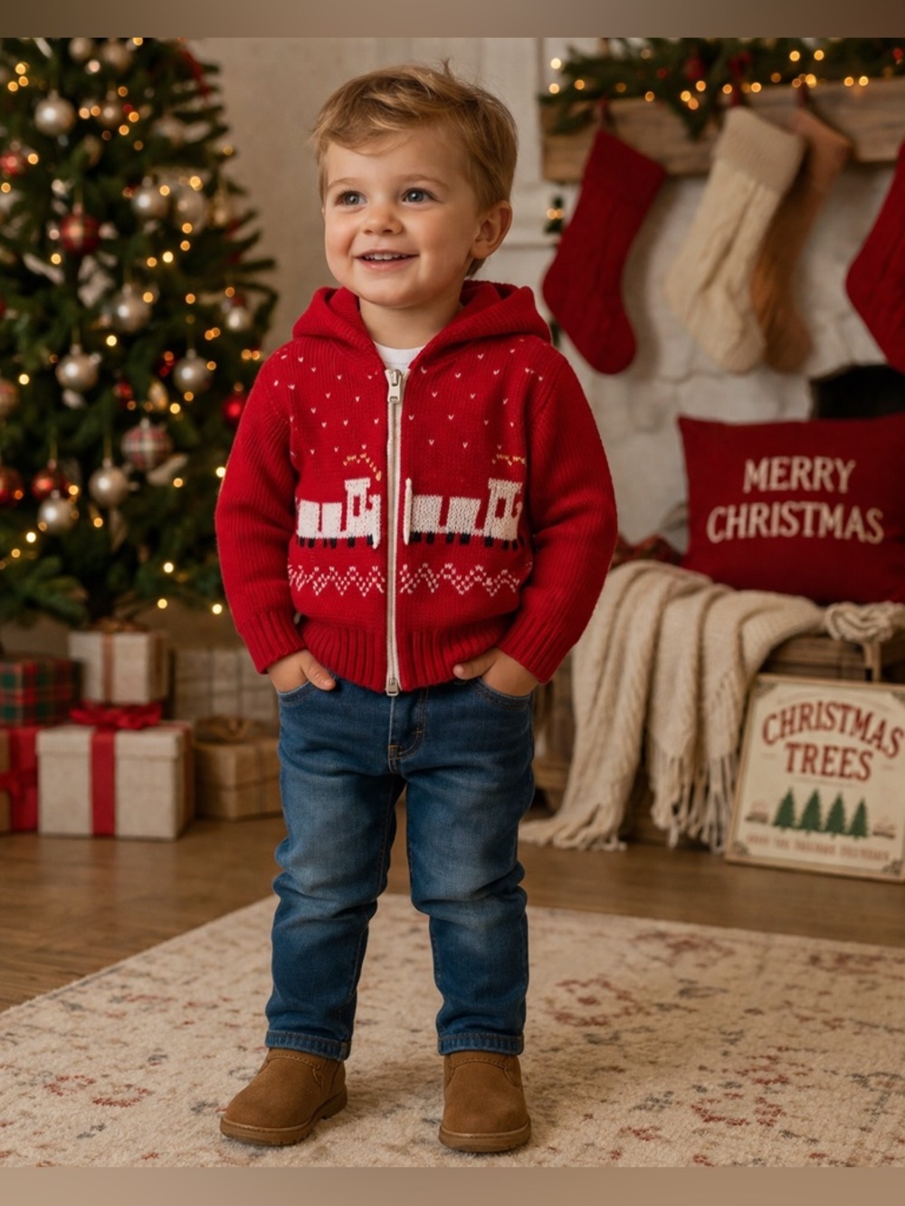 VTG Pierre Bonée Toddler 3T Christmas Train Knit Zip Hooded Cardigan Red Sweater